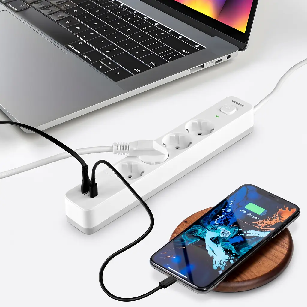 Сетевой удлинитель Videx Oncord с кнопкой USB(QC3.0) + USB-C(PD20W) белый 3 м (VF-PD43G1QC1PD-W) - фото 9