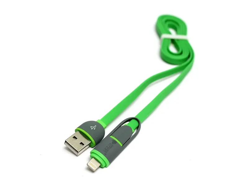 Кабель PowerPlant Quick Charge 2A 2-в-1 flat USB 2.0 AM – Lightning/Micro 1м green (KD00AS1291)