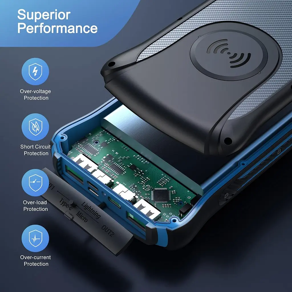 Солнечное зарядное устройство S18 Ver Wireless Charging 30000mAh (3 входа + 3 выхода) + фонарь - фото 5