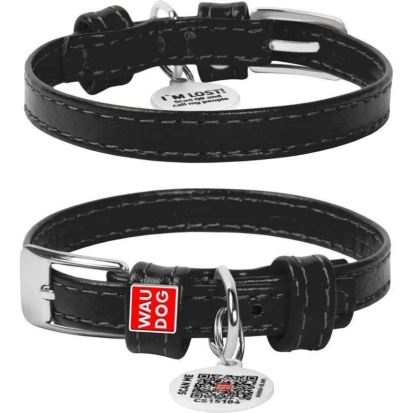 Ошейник для собак Waudog Glamour, кожаный, с QR паспортом, 18-21х0,9 см, черный - фото 2