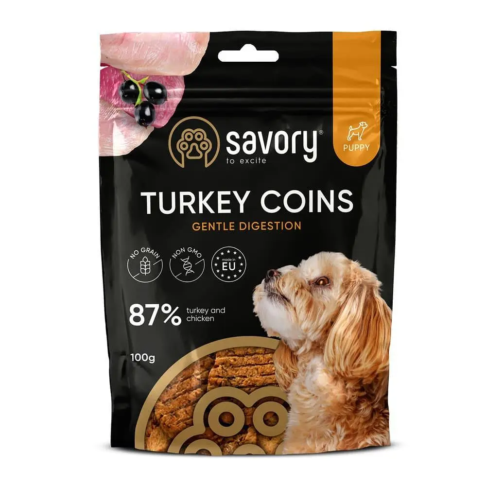 Ласощі для цуценят Savory Puppy Coins With Turkey, джерки монетки, з індичкою, 100 г