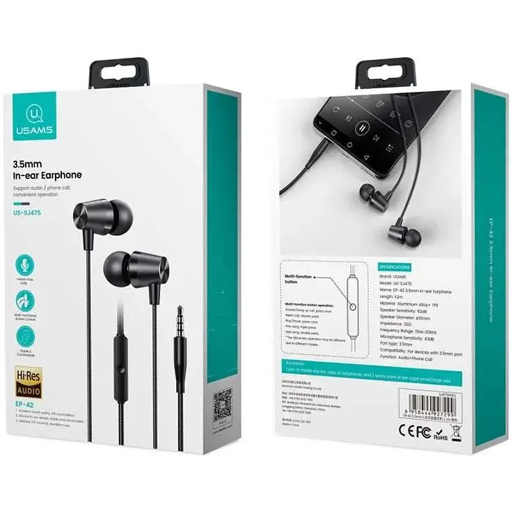 Hаушники Usams 3.5 mm In-ear Earphone 1.2 m EP-42 US-SJ475 усиленный кабель черные - фото 4