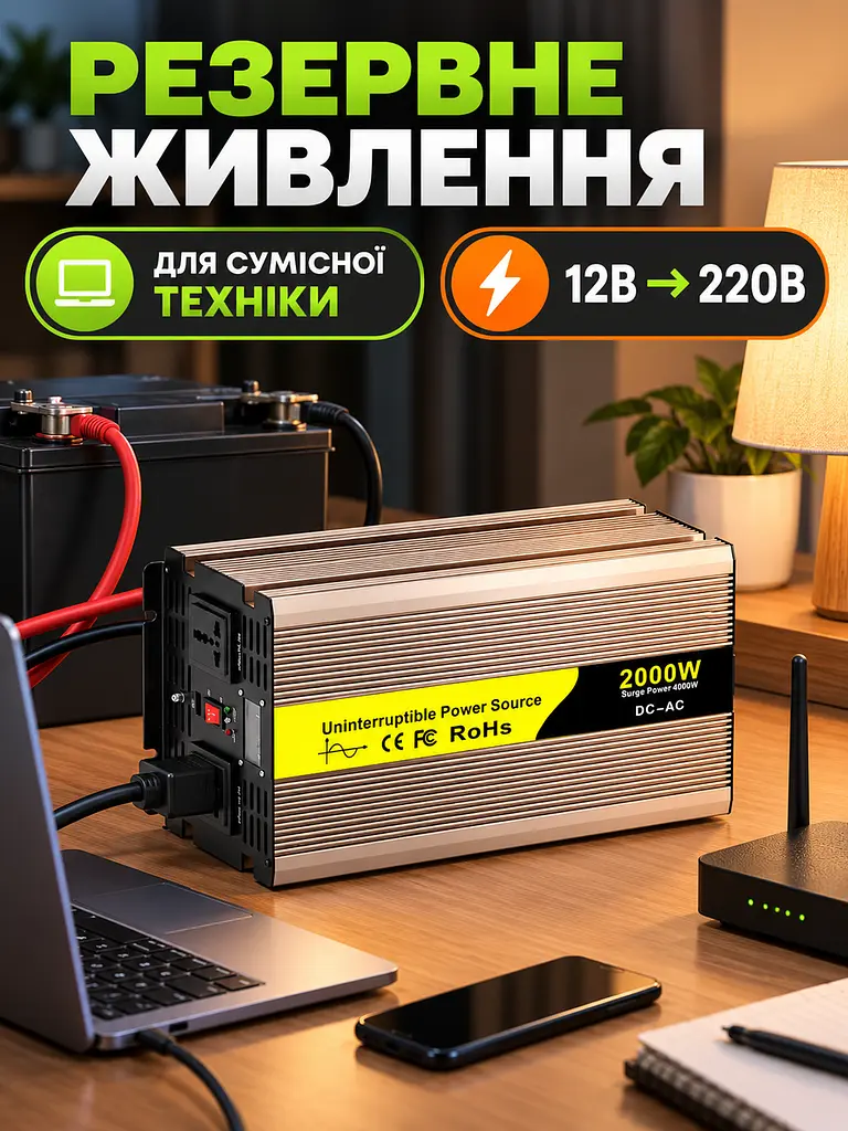 Інвертор 2000 Вт 12В–220В чиста синусоїда, зарядка АКБ 15А, ДБЖ, золотистий (49676447) - фото 9