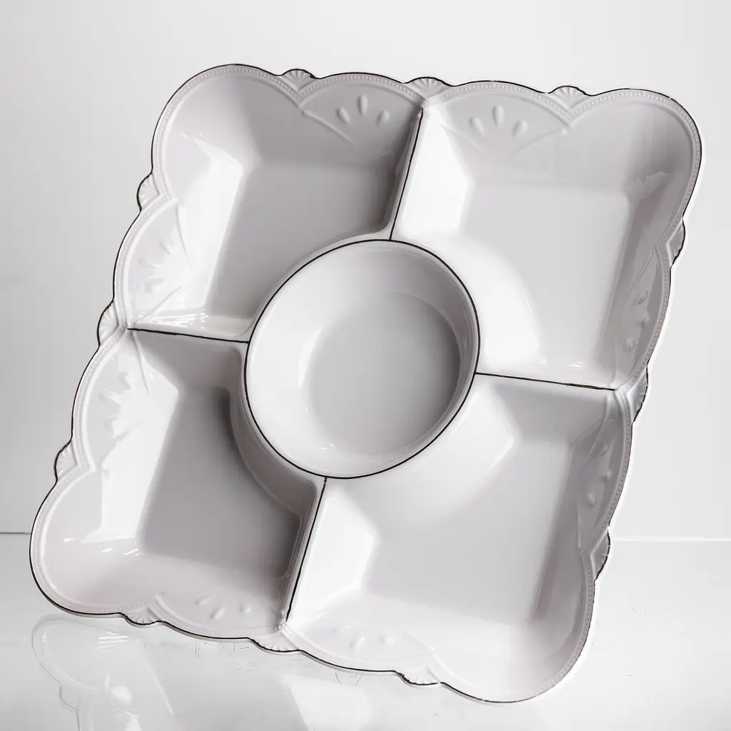 Менажниця порцелянова  Yiwu  White Square 31.5х31.5 см 5 секцій на ніжці  Yiwu 120-YH-HG058 - фото 5
