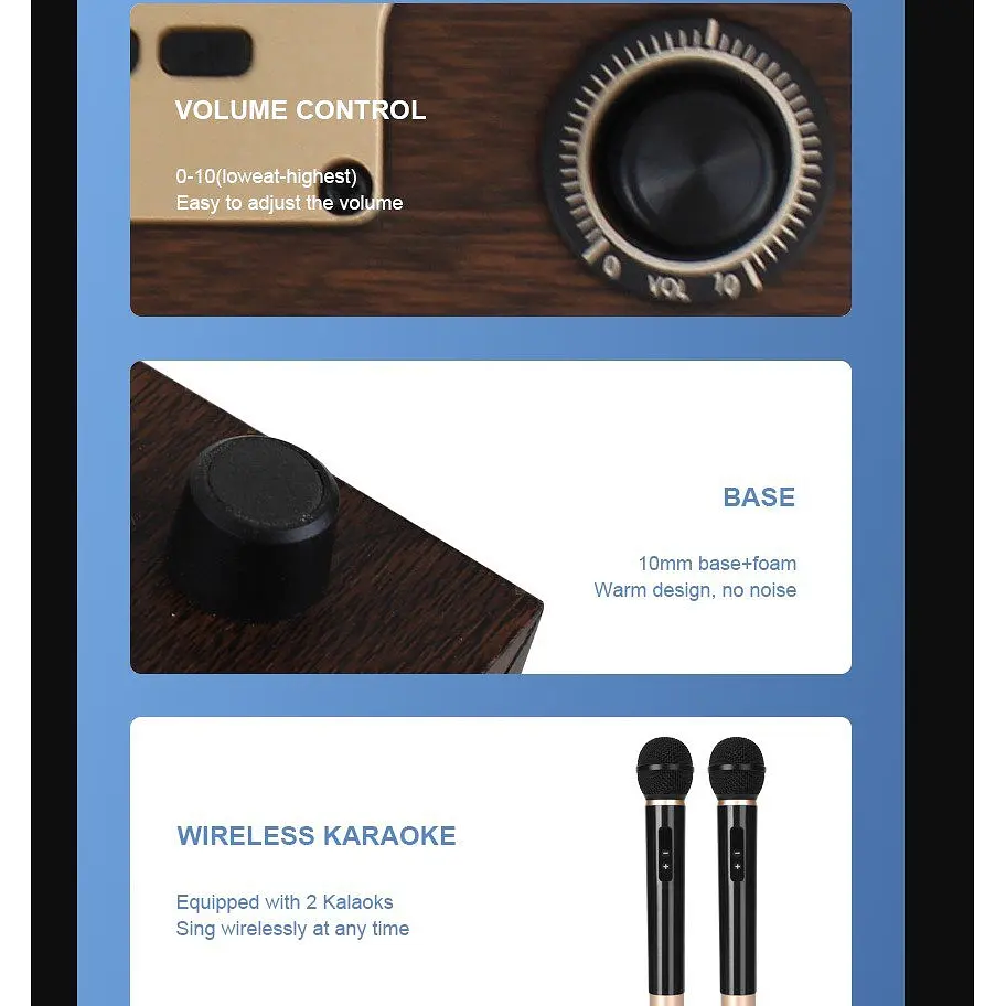 Портативна колонка ретро для караоке Kisonli G102 Bluetooth 1800 mAh 16 Вт 2 мікрофони Wooden - фото 8