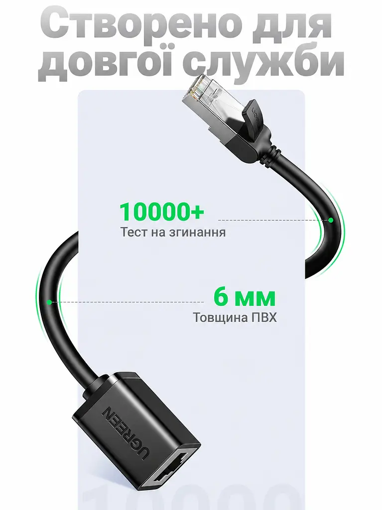 Кабель-подовжувач Ethernet UGREEN NW112 3 м RJ45 штекер на гніздо Cat 6 до 1000 Мбіт/с екранований F/UTP жили з чистої міді чорний (11282) - фото 6