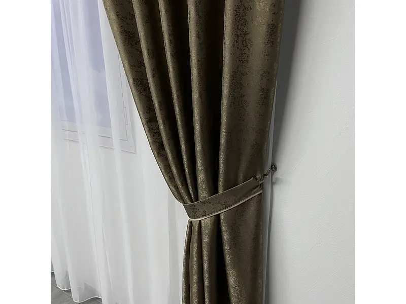 Жакардові штори кавового кольору 2шт. 150х270 з білим шифоновим тюлем 400х270, на тасьмі ALBO pbe0052674 - фото 6