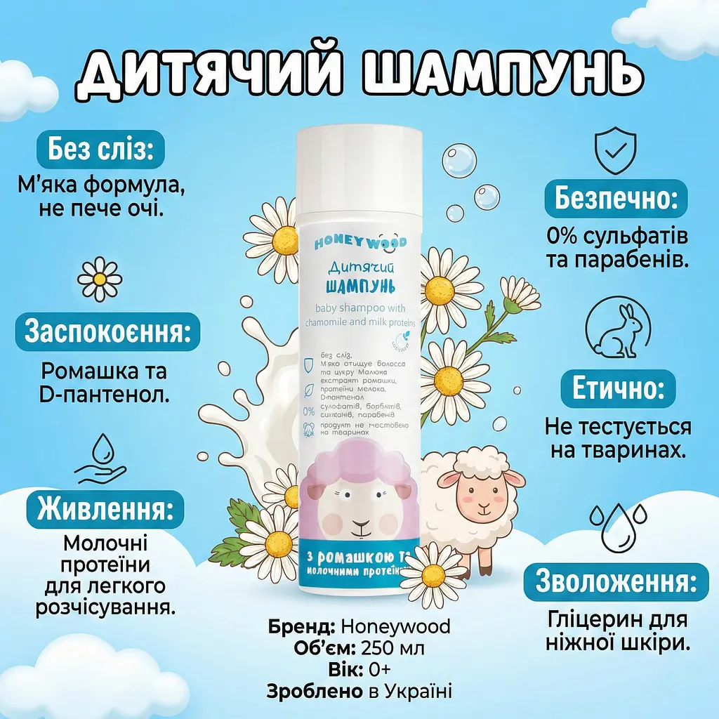Дитячий шампунь Honeywood з ромашкою та молочними протеїнами 250 мл - фото 3