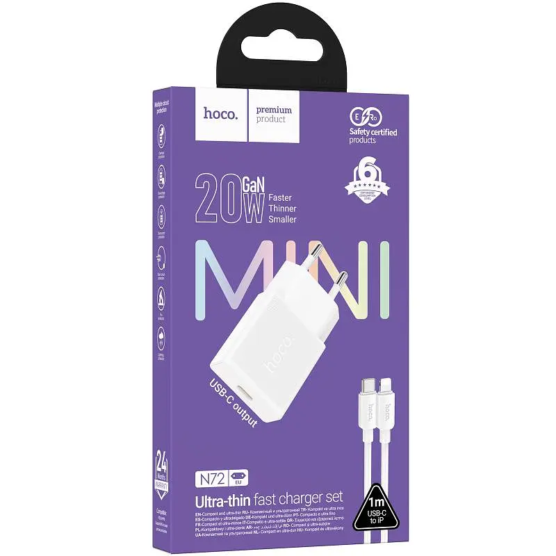 СЗУ Hoco N72 Speed ​​ultra-thin PD20W (1USB-C) + кабель Type-C to Lightning White - фото 2