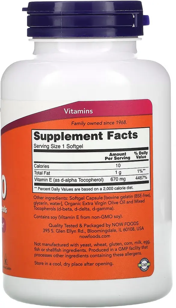 Вітаміни та мінерали NOW Vitamin E-1000 with Mixed Tocopherols, 100 капсул - фото 2