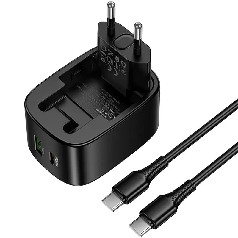 СЗУ Hoco CS101A Folding PD20W+QC3.0 (1USB-A/1C) + кабель Type-C to Type-C Black - фото 3