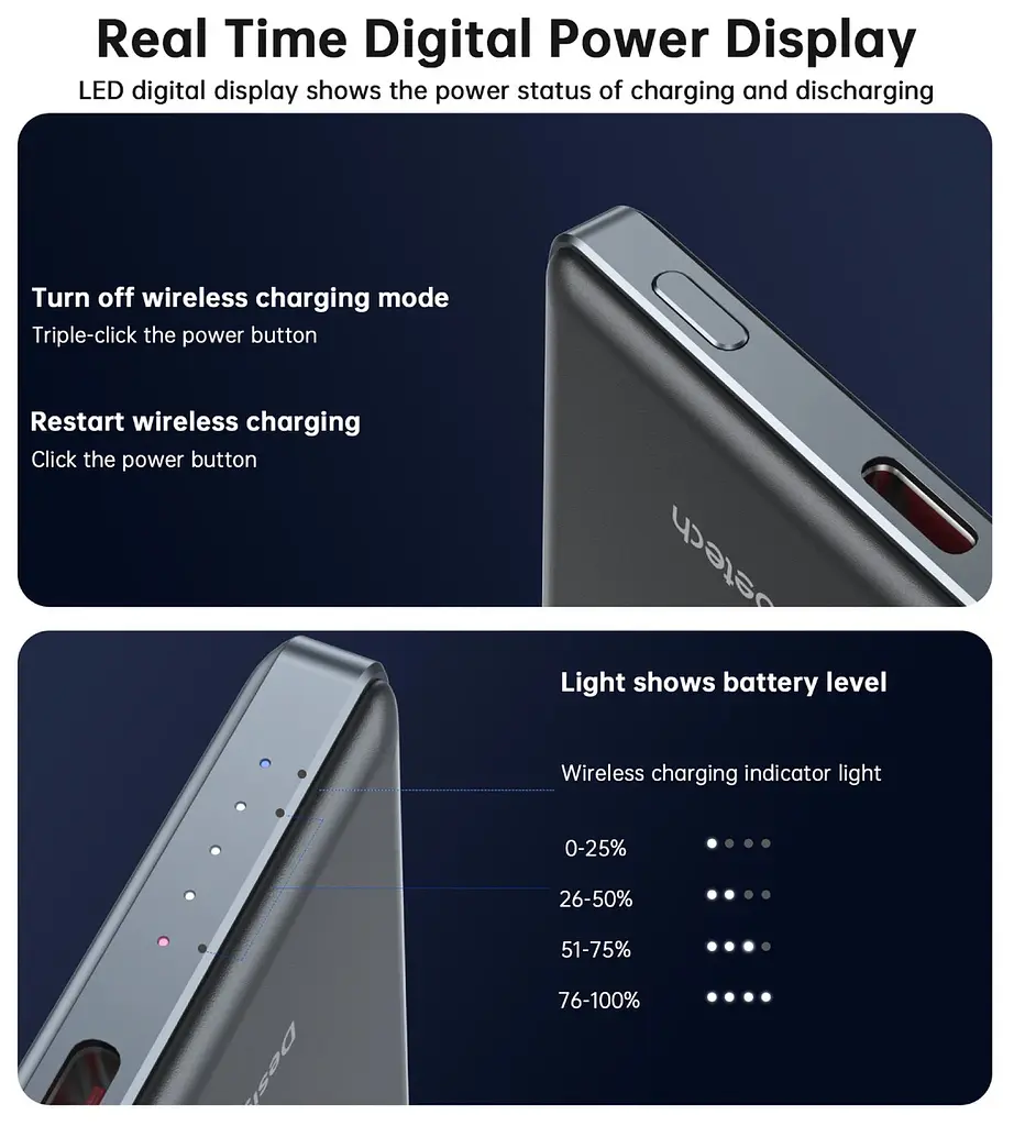 Універсальна мобільна батарея Choetech Magnetic Wireless 5000mAh 20W PD Qi-15W USB-C In/Out, тонкий, чорний - фото 5