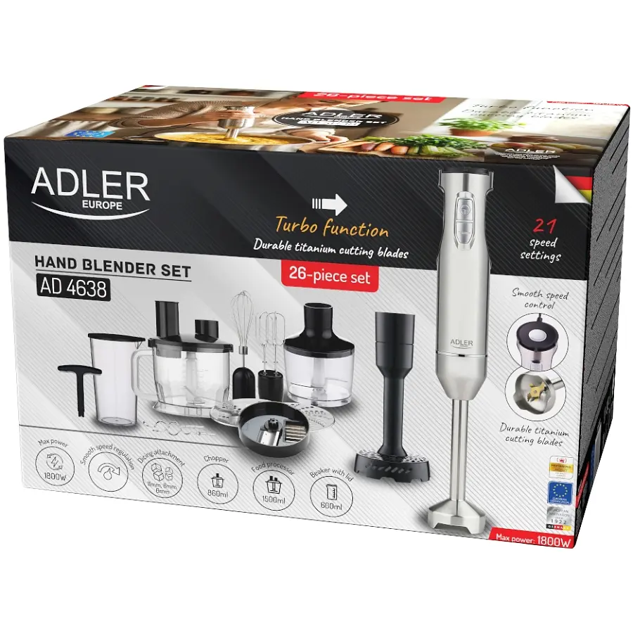 Блендер Adler AD 4638 grey ручний/ 1800Вт/ 21 швидк./ TURBO/ чаші 600мл і 1500мл/ насадка для пюре - фото 16