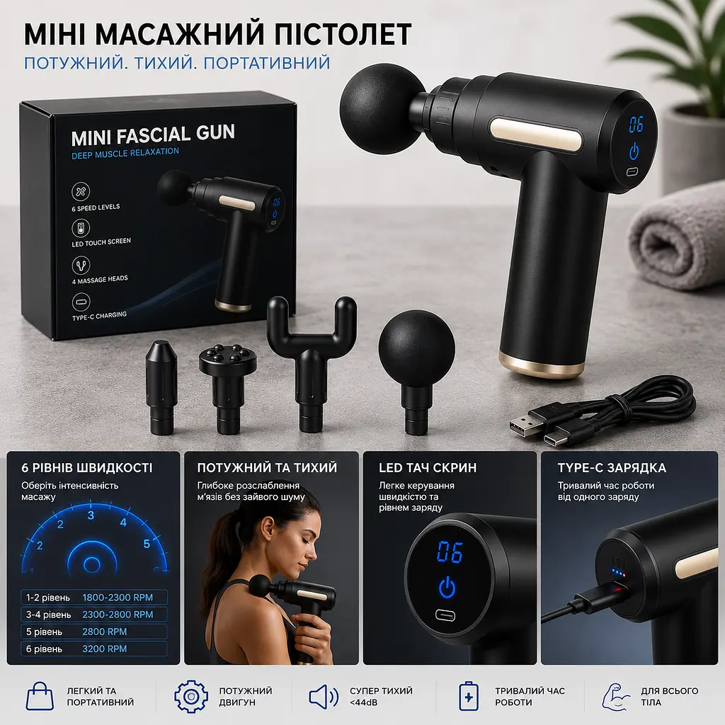 Масажний пістолет для тіла 800 мАг - портативний перкусійний масажер 6 годин роботи - фото 2