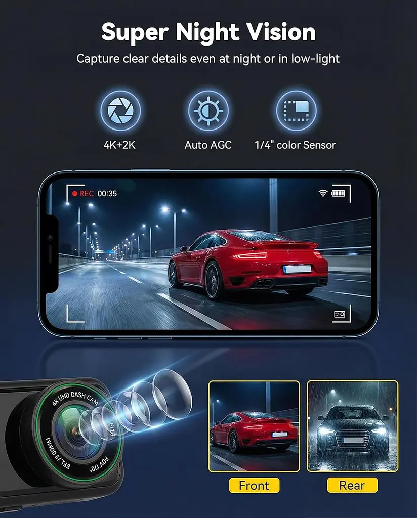 Автомобільний відеореєстратор SIXWIN 4K+2K з GPS, ADAS і двома камерами - фото 4