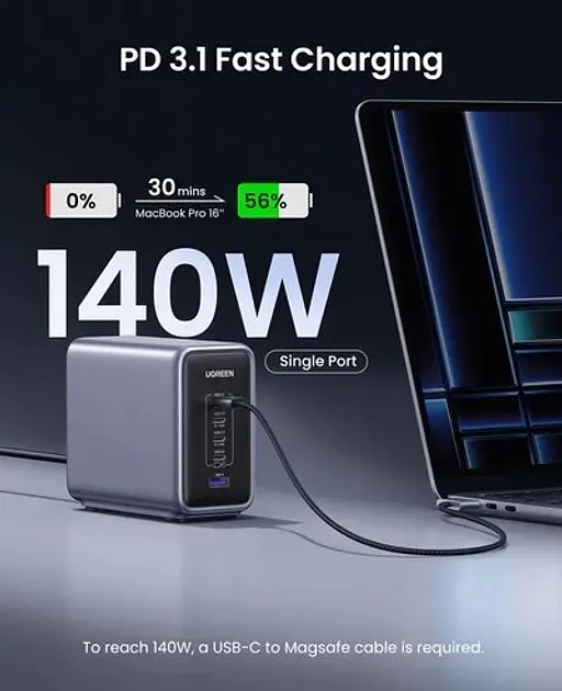Зарядное устройство для Ugreen CD333 Nex 1U + 4C 300 W GaN адаптер питания серый - фото 6