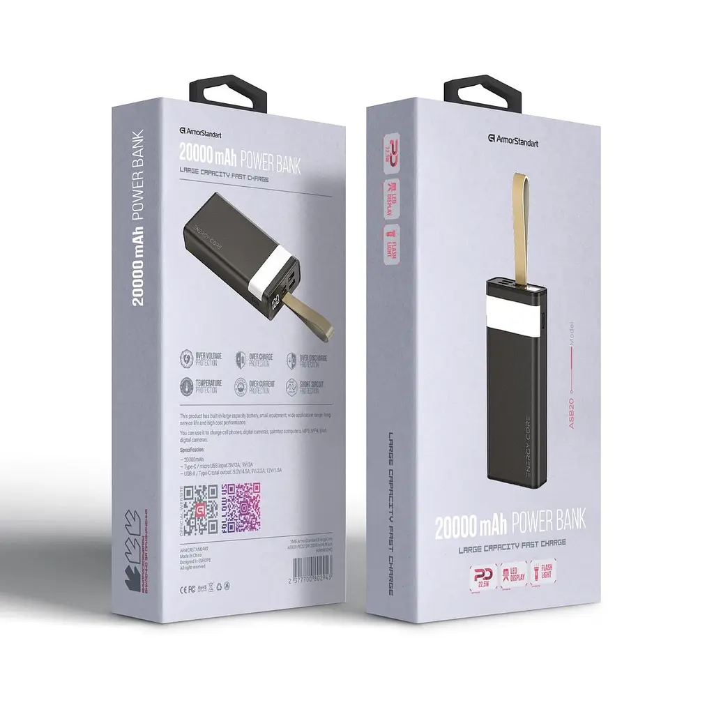 Зовнішній акумулятор ArmorStandart EnergyCore ASB20 PD22.5W 20000 mAh з ліхтарем (ARM80294) - фото 3