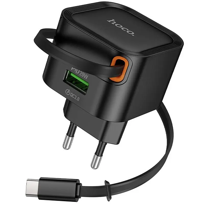 МЗП Hoco C154A Changer With Retractable Cable Type-C PD20W+QC3.0 (1USB-C) Black - фото 3