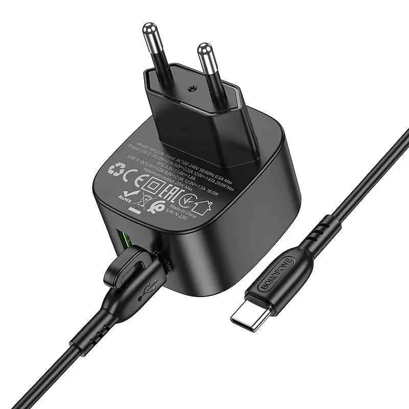 МЗП Borofone BAS22A Fortune PD20W+QC3.0 (1USB-A/1C) + кабель Type-C to Type-C Black - фото 2