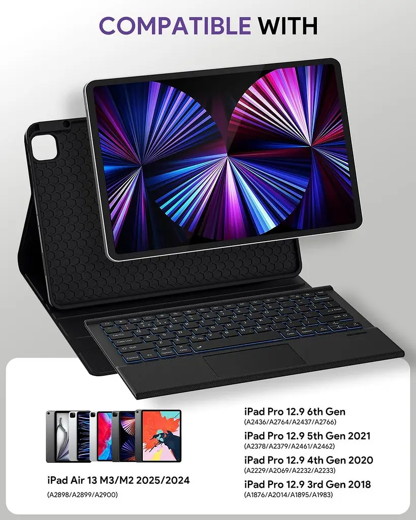 Чехол Doohoeek с клавиатурой для iPad Air 13 дюймов 2025 (M3)/2024(M2), iPad Pro 12.9 6-го/5/4-го/3-го поколения, Bluetooth - фото 2