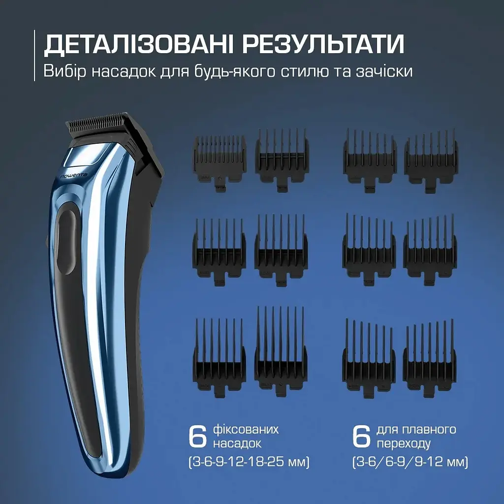 Rowenta Машинка для стрижки Barber Experience, для голови, мережа+акум., роторний мотор DC, насадок-12, нержавіюча сталь з покриттям DLC, синій - фото 5