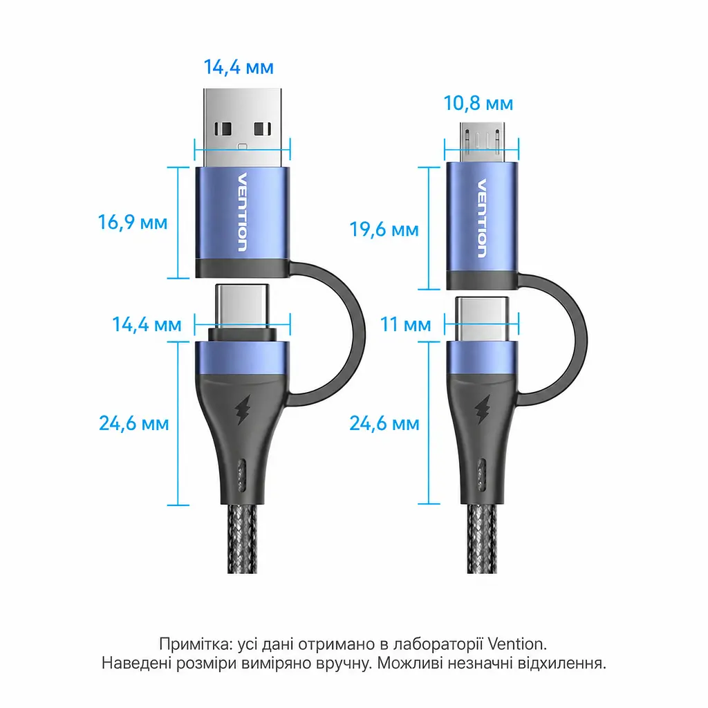 Кабель 4-в-1 Vention CTLLF USB-C/USB-A - USB-C/Micro-USB PD 100 Вт 1 м синій (CTLLF) - фото 6