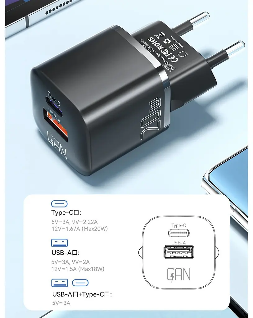 Мережевий зарядний пристрій Essager Camber 20W USB A + Type C Чорний (ECTAC-HMB01-P) - фото 8