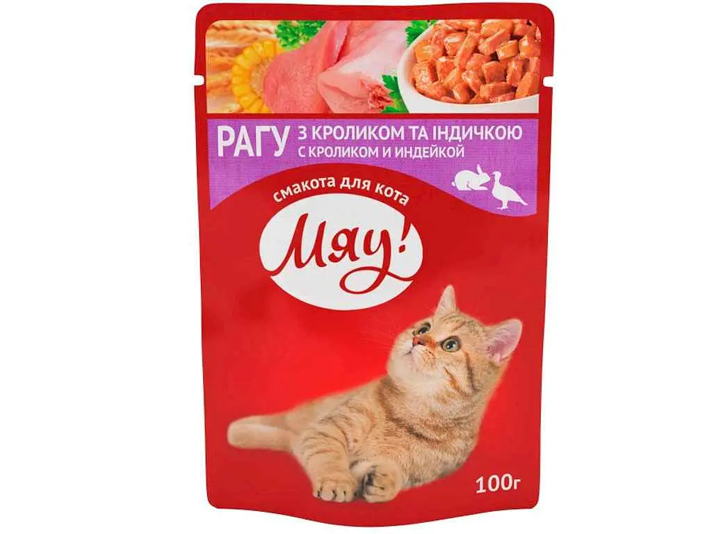 Корм для котів МЯУ (Консерва) 100г "Повнораціонний" "Рагу крол.та індич."