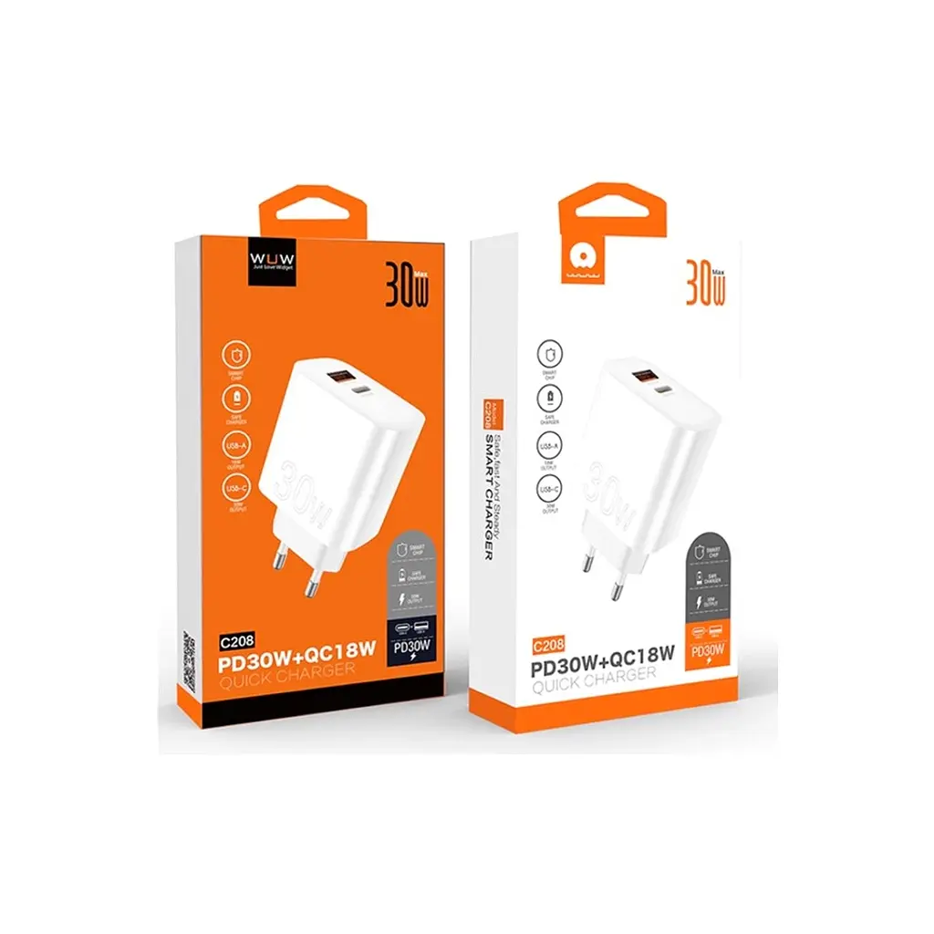Зарядний пристрій WUW C208 1xUSB-C PD 30 Вт + 1xUSB QC 3.0 18 Вт білий (6972573333417) - фото 2
