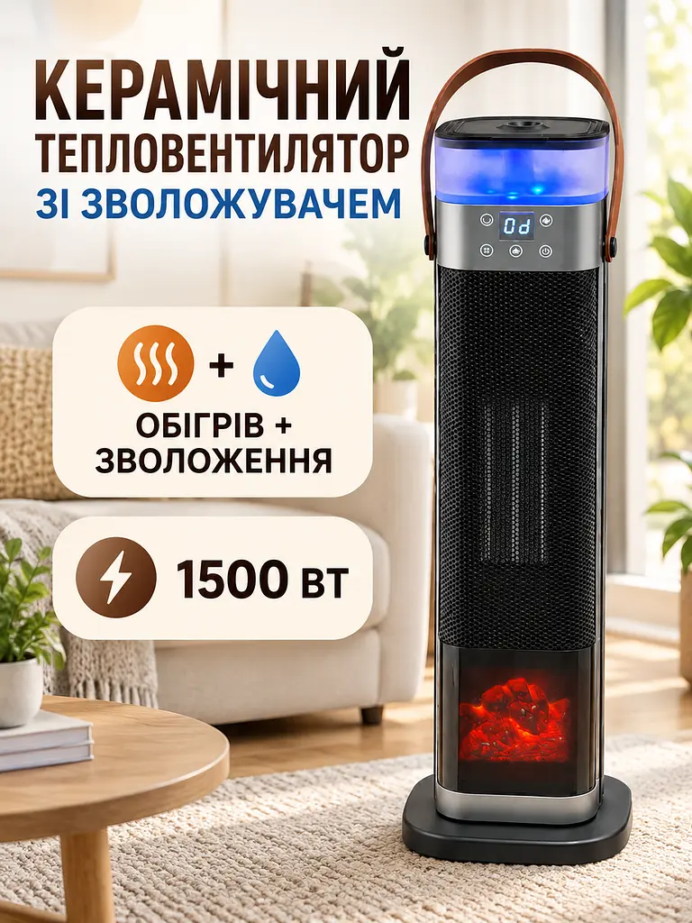 Тепловентилятор зі зволожувачем 1500 Вт 56,5×16×16 см з пультом, таймером та ефектом каміна, чорний (49676389) - фото 2
