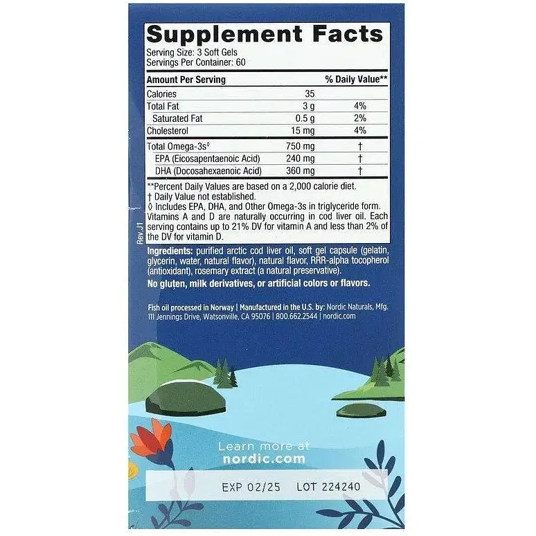 Рыбий жир из печени трески Nordic Naturals Arctic Cod Liver Oil Арктический 180 капсул вкус лимона (NOR-57885) - фото 3