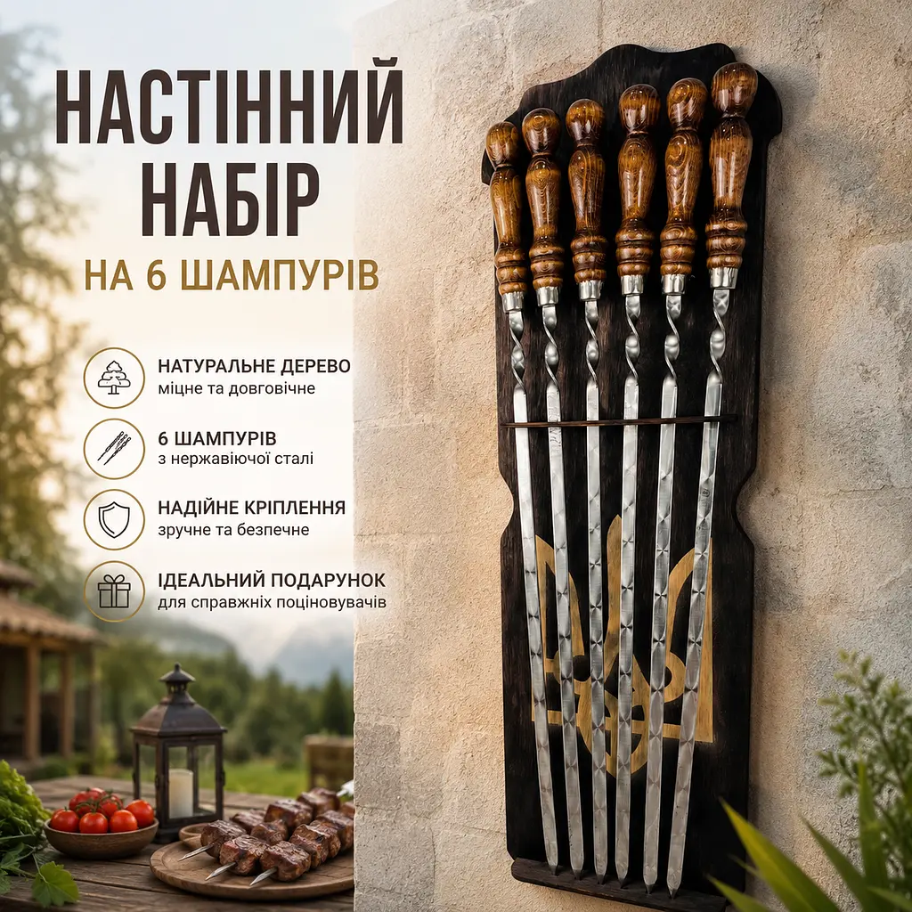 Настінний набір шампурів на 6 шт з підставкою, неіржавіюча сталь 3 мм, дерев’яні ручки - фото 2