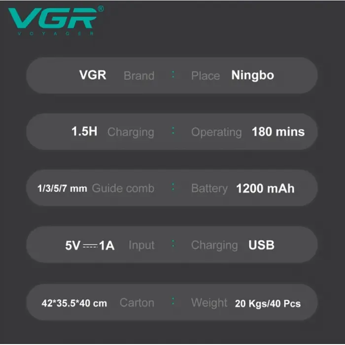 Бездротовий тример для волосся з 5 насадками й USB, VGR V949/Vican тример - фото 5