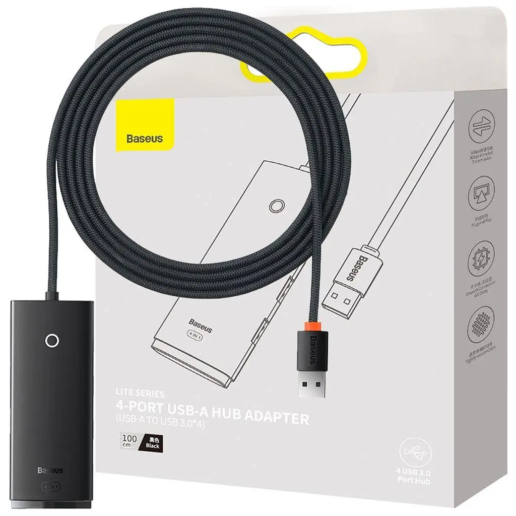 Концентратор - USB-хаб Baseus Lite Series 4-Port USB-A HUB Adapter (USB-A to USB 3.0*4) 2 метри чорний WKQX030201 - фото 6