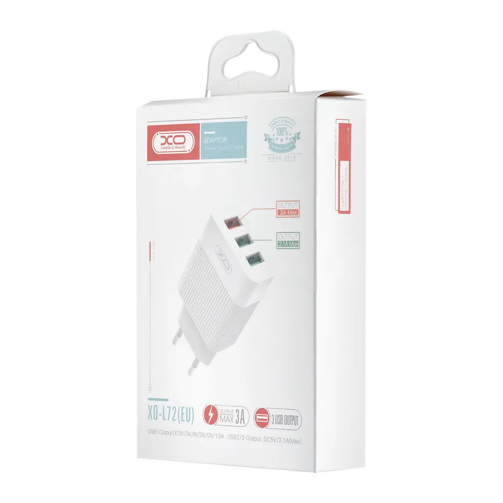 Мережевий зарядний пристрій XO L72 EU QC3.0 + 2.1A 3USB charger Білий - фото 2