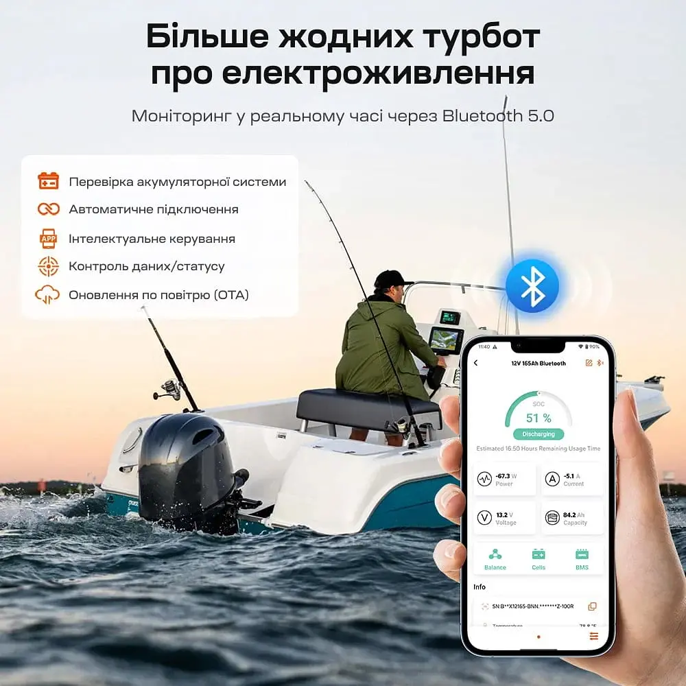 Акумуляторна батарея літій-залізо-фосфатна з Bluetooth та підігрівом стартерна / тягова 12.8В 165А*год LiFePO4 LiTime Dual Purpose L12V165-150-DP-BT-CCA1K2-4-A100 (44-00532) - фото 7