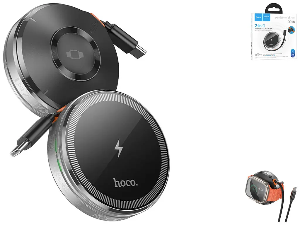 Зарядный беспроводной HOCO CQ18 Flash 2-in-1 Magnetic + iWatch (с выдвижным кабелем) серый - фото 3