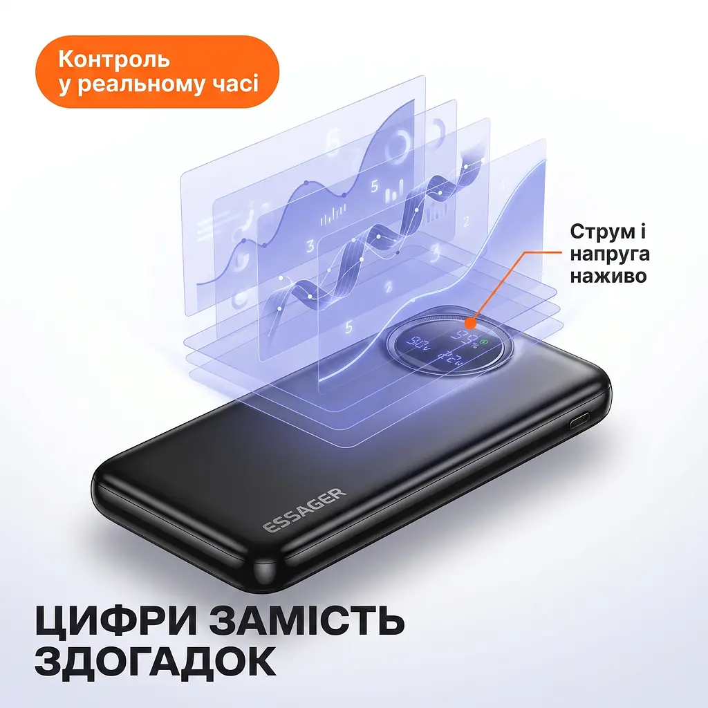 Повербанк Essager Heteromypil 10000 mAh 22.5W з цифровим дисплеєм та вбудованими кабелями Type-C і Lightning - фото 5