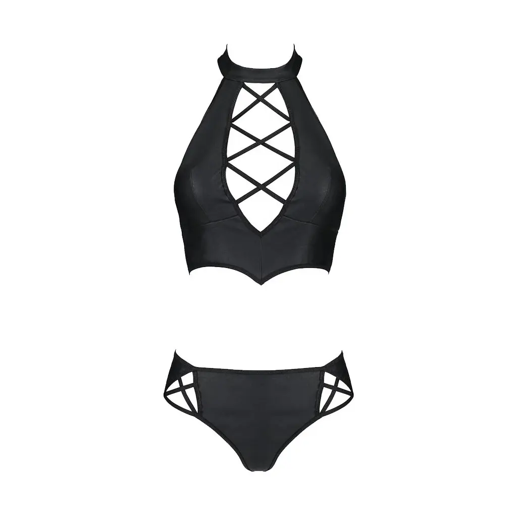 Комплект з екошкіри Passion NANCY BIKINI 4XL/5XL black, бра та трусики з імітацією шнурівки - фото 3