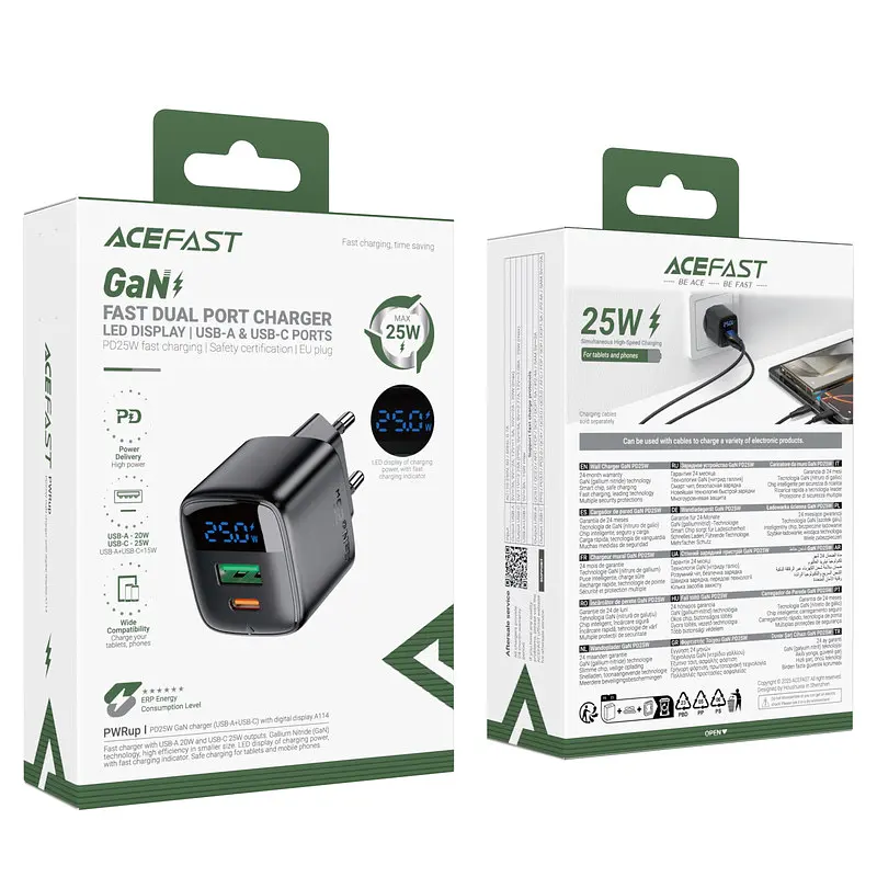 Мережевий зарядний пристрій ACEFAST A114 PD25W GaN charger (USB-A+USB-C) with digital display Чорний - фото 2