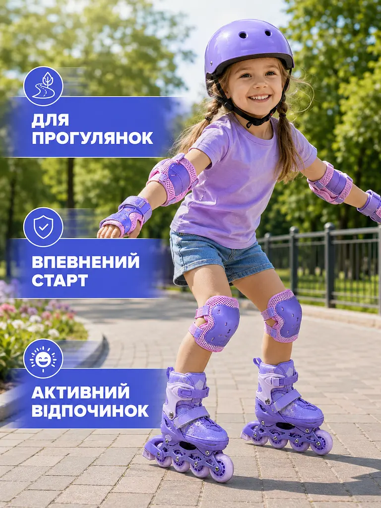 Дитячі ролики для дівчинки 31-34 із захистом і шоломом, розсувні фіолетові (49676189) - фото 4