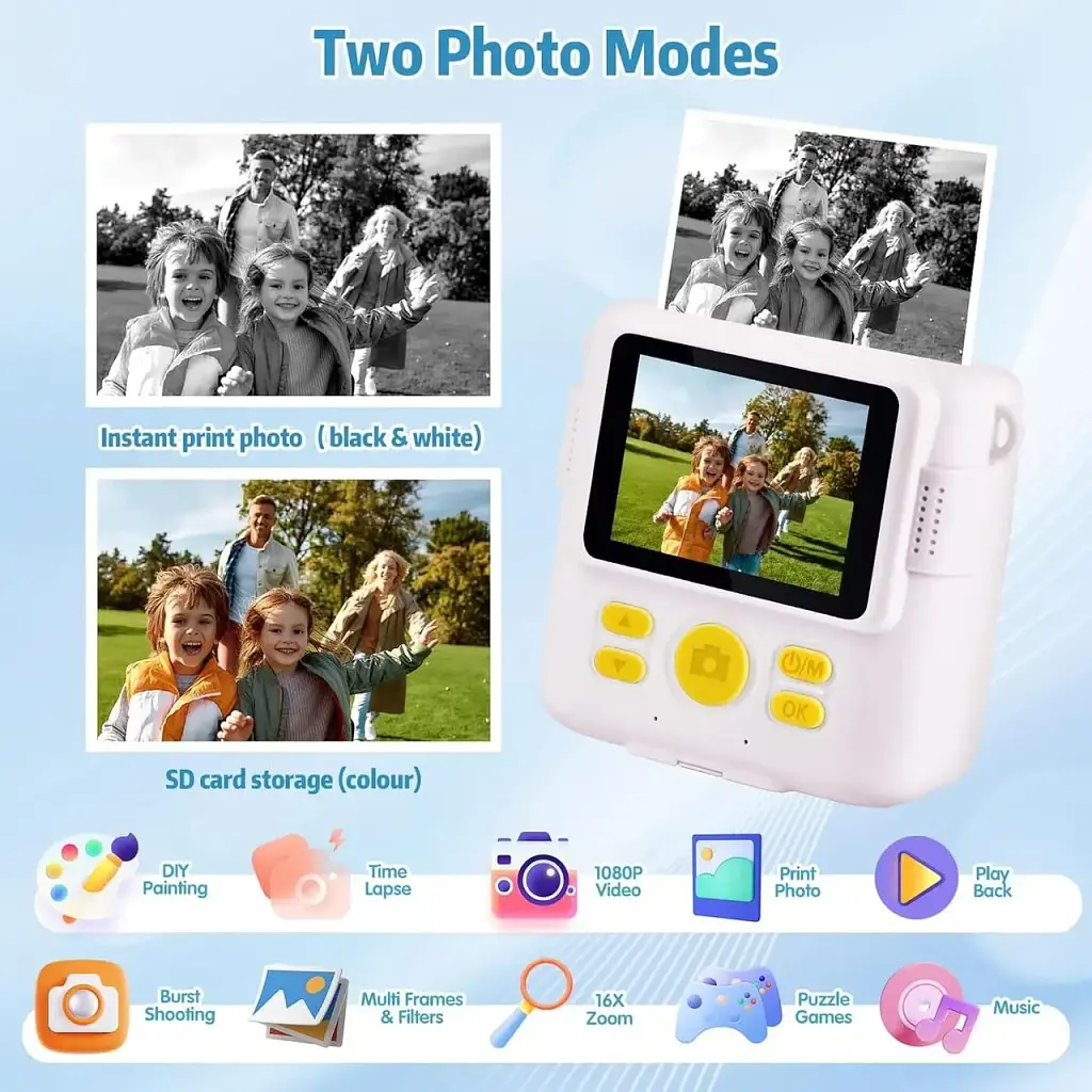 Детская цифровая фотокамера с моментальной печатью 8MP Kids Instant Print Camera ABS-681 белая 1080P для детей 3-10 лет - фото 5