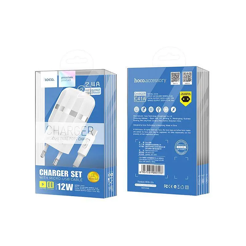 Мережевий зарядний пристрій 2USB Hoco C41A 2.4A White + USB Cable XiaomicroUSB - фото 3