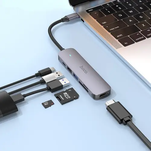 Type-C(PD) HUB Hoco HB28 Type-C multi-function converter (HDTV+USB3.0+USB2.0+SD+TF+PD) Metal Grey - фото 2