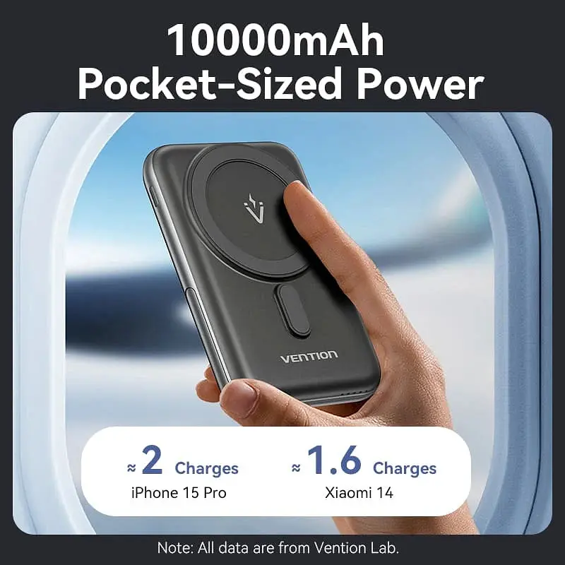Універсальна мобільна батарея Vention Magnetic Wireless 10000mAh 20W PD USB-C In/Out, QI-15W Чорний - фото 5