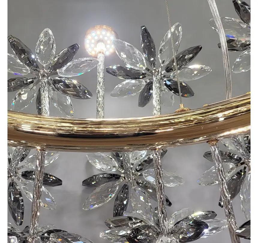 Кругла підвісна люстра Artlight 25028-650GD золота на 12 ламп G4 з прозорими та графітовими скляними квітами - фото 6