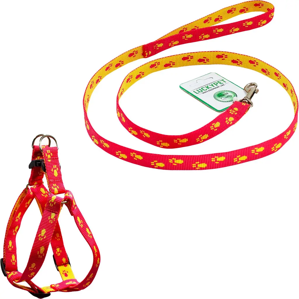 Комплект капроновий Lucky Pet Лапки: шлея 28-33х44-52х1 см + повідець, червоно-жовтий - фото 1