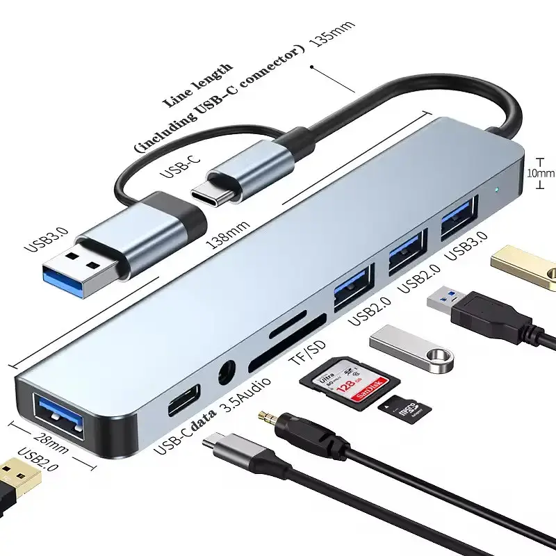 USB концентратор 8 в 1/USB хаб з 4 USB-портами, Type-C порт, TF/SD-картридер, аудіо вихід - фото 2