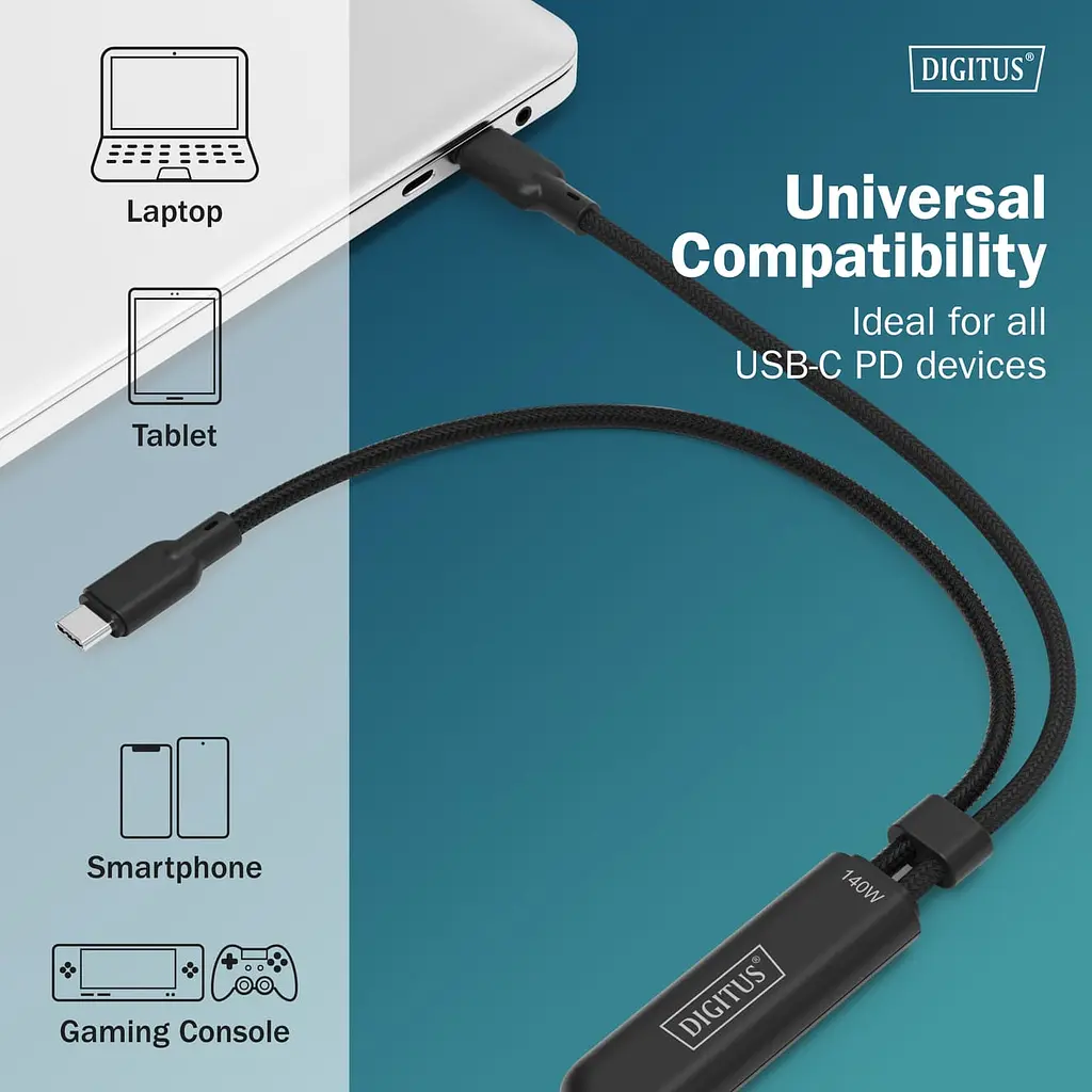 Кабель Digitus USB-C > 2xUSB-C заряджання/синхронізації, USB 2.0, 140W teh0025055 - фото 6