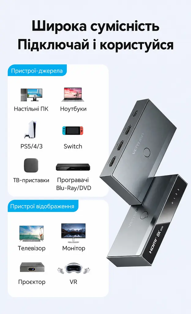 Перемикач HDMI Vention 3 входи на 1 вихід 8K 60 Гц та 4K 144 Гц/120 Гц потрібне живлення через USB-C 5 В 1 А з ІЧ-пультом сірий (AKRH0) - фото 14